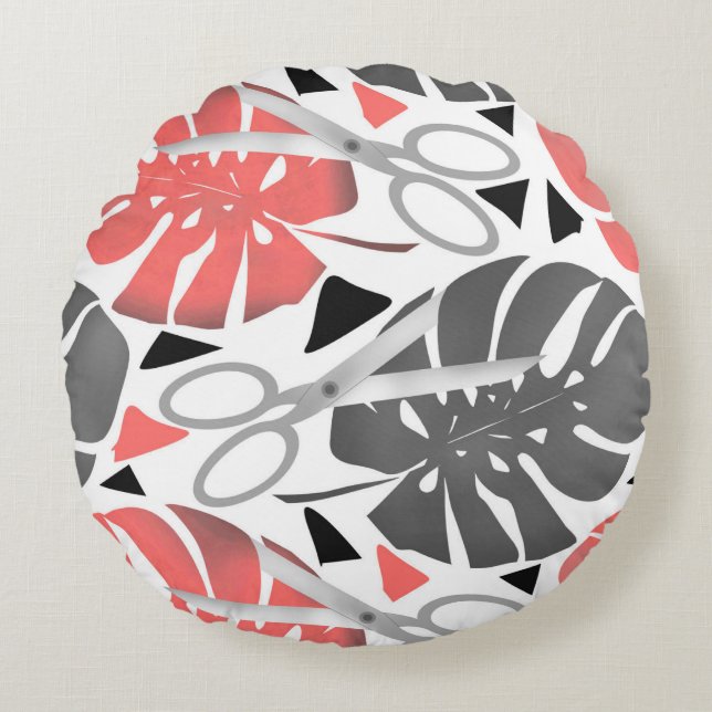 Coussins Ronds Tropical print monstera leaves scissors jungle exo (Devant)