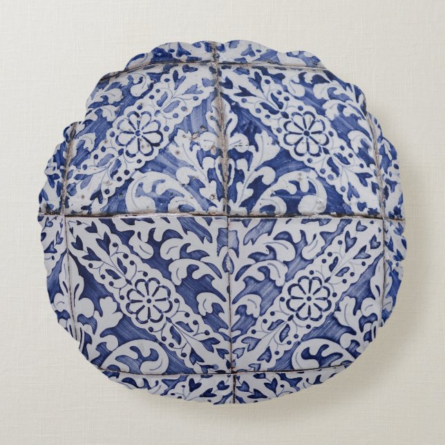 Coussins Ronds Tuiles portugaises - Azulejo Floral bleu et blanc (Devant)
