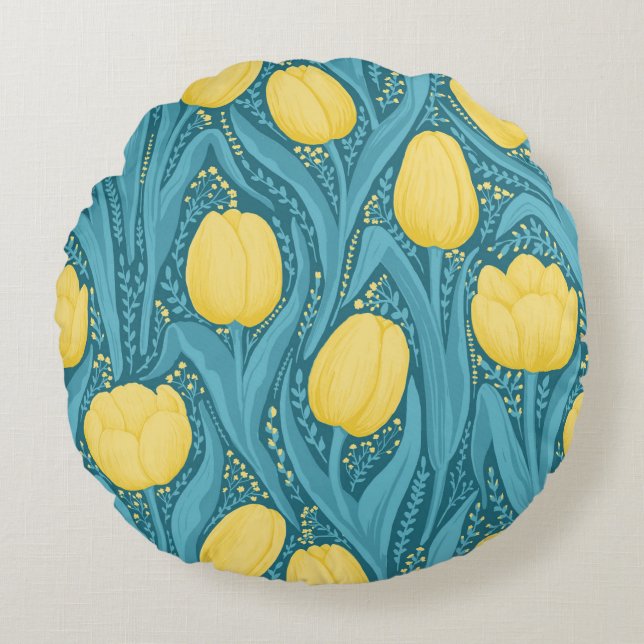Coussins Ronds Tulipes en bleu et jaune (Devant)