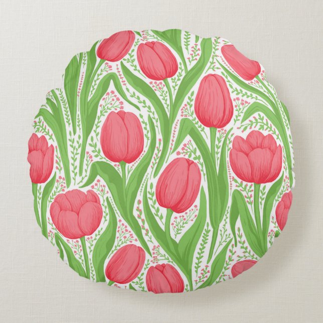 Coussins Ronds Tulipes en rouge et vert (Devant)