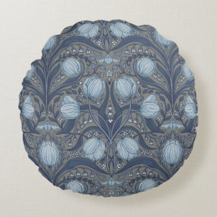 Coussins Ronds Tulipes Rétro Nouveau en bleu et étain