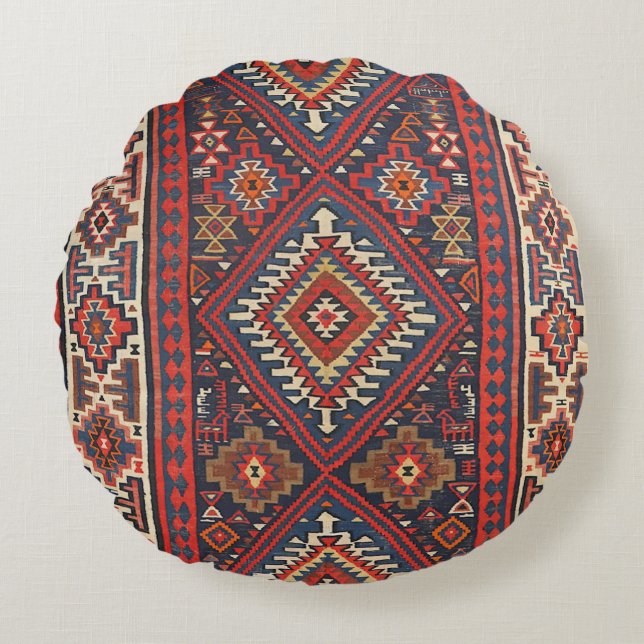 Coussins Ronds Turquie Kilim Aztec Rouge Bleu Tan  (Devant)