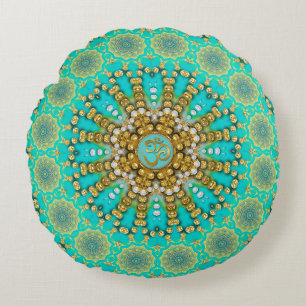 Coussins Ronds Turquoise Aqua Or Bohème Mandala OM Yoga