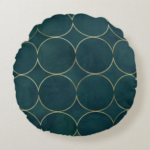 Coussins Ronds Turquoise foncé, Cercles d'or Aquarelle.