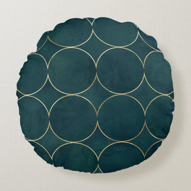 Coussins Ronds Turquoise foncé, Cercles d'or Aquarelle. (Devant)