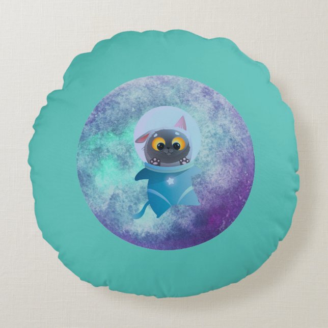 Coussins Ronds Turquoise Space Cat Round Pillow (Devant)