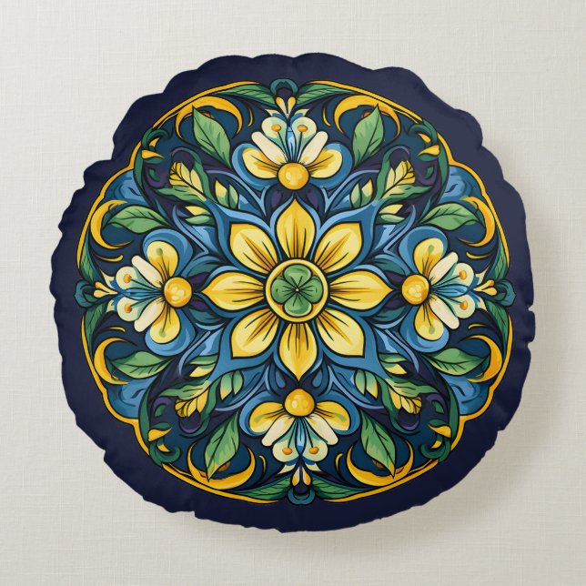Coussins Ronds 💚 💙 💛 Un Azulejo Unique Élégance : Jardin de mi (Devant)