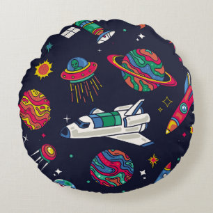 Coussins Ronds Un vaisseau spatial en motif sans couture Galaxy. 