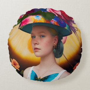 Coussins Ronds Une dame avec un casquette solaire à fleurs