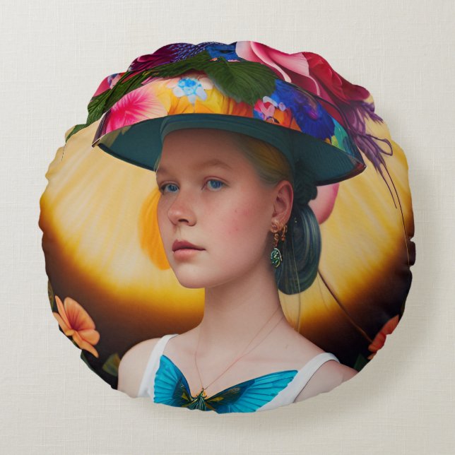 Coussins Ronds Une dame avec un casquette solaire à fleurs (Devant)