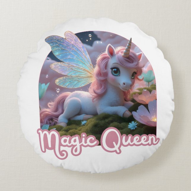 Coussins Ronds Une licorne blanche aux ailes (Devant)
