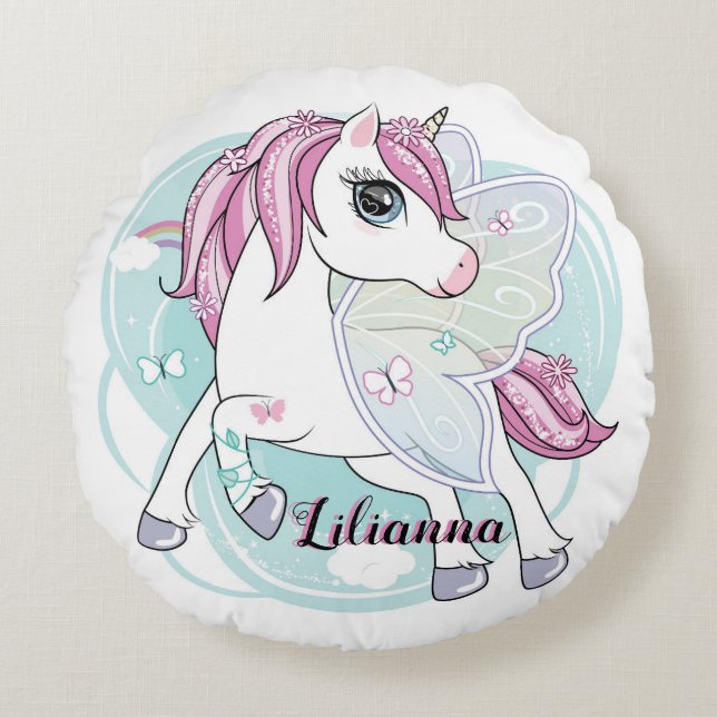 Coussins Ronds Unicorne avec les ailes papillons (Devant)