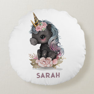 Coussins Ronds Unicorne noire mignonne avec Fleurs Aquarelle Unic