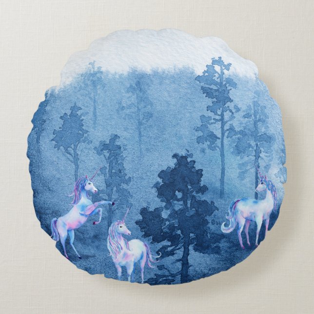 Coussins Ronds Unicornes dans le brouillard (Devant)