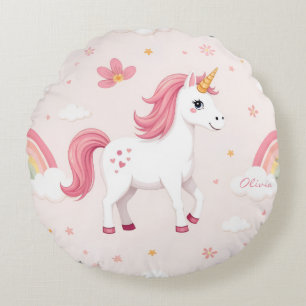 Coussins Ronds Unicornes Dreamy, Arcs-en-ciel, Fleurs, Mignonnes