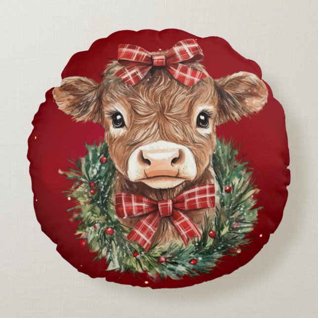 Coussins Ronds Vache écossaise des Highlands à Noël (Devant)