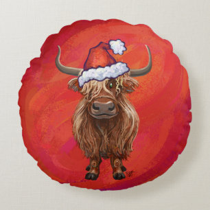 Coussins Ronds Vache Highland à Santa Hat sur Red