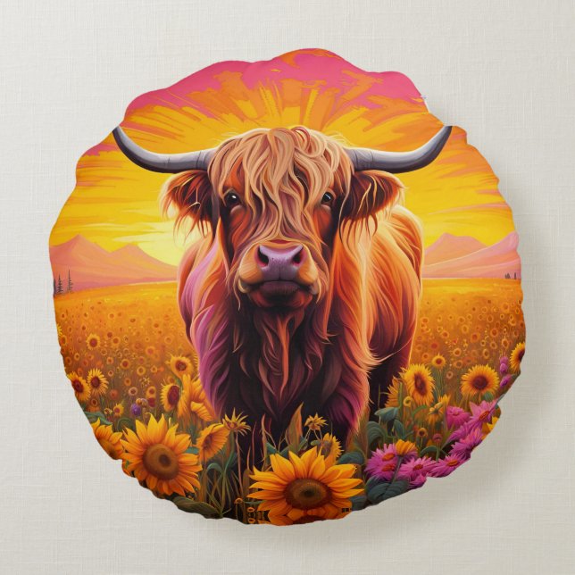 Coussins Ronds Vache Highland dans les tournesols à Sunrise (Dos)