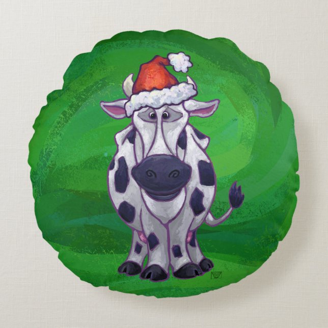 Coussins Ronds Vache Noël sur vert (Devant)