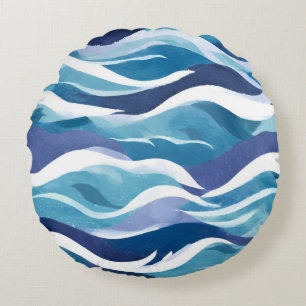 Coussins Ronds Vagues de l'océan bleu   Aquarelle moderne et simp