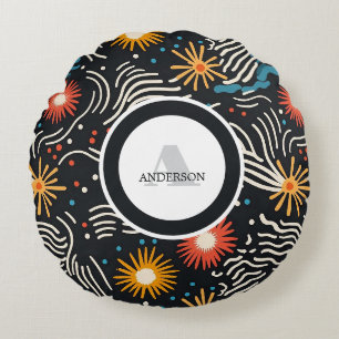 Coussins Ronds Vagues florales Abstraites sur noir
