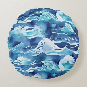 Coussins Ronds Vagues océaniques   Aquarelle sarcelle bleu aqua