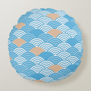 Coussins Ronds Vagues Seigaiha et Soleil Levant Japonais Modernes