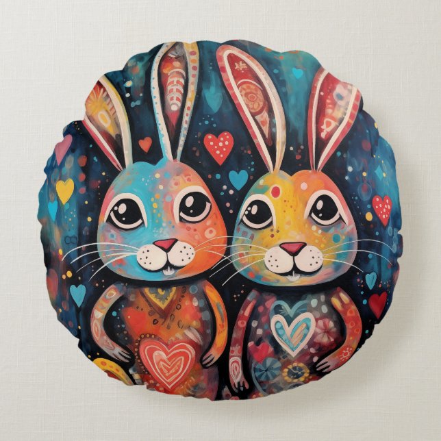 Coussins Ronds Valentine amis Bunnies longues oreilles coeurs (Devant)