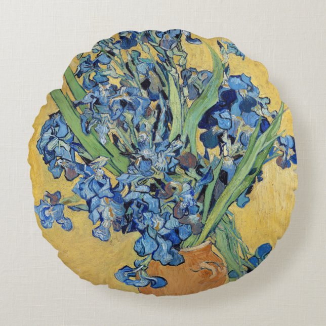 Coussins Ronds Van Gogh Irises Vase Or Mur Bleu Fleurs Art (Devant)