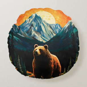 Coussins Ronds Verre tendu Faune Montagne Ours couché de soleil