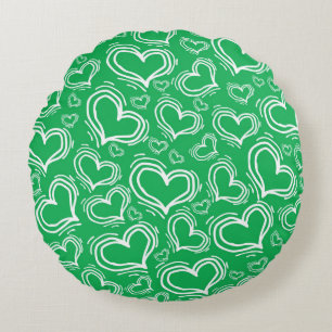 COUSSINS RONDS VERT CLAIR AVEC COEURS BLANCS ET FLEURS
