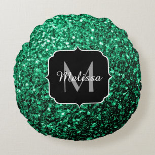 Coussins Ronds Vert émeraude faux paillettes scintillent Monogram