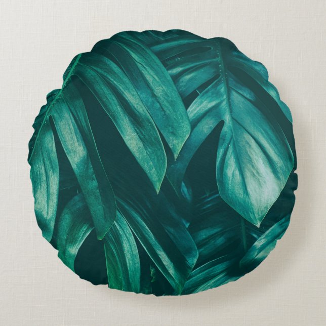Coussins Ronds Vert foncé, feuillage de jungle tropicale. (Devant)