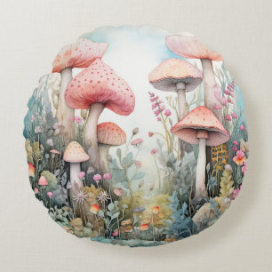 Coussins Ronds Vibes de champignons roses de printemps Aquarelle