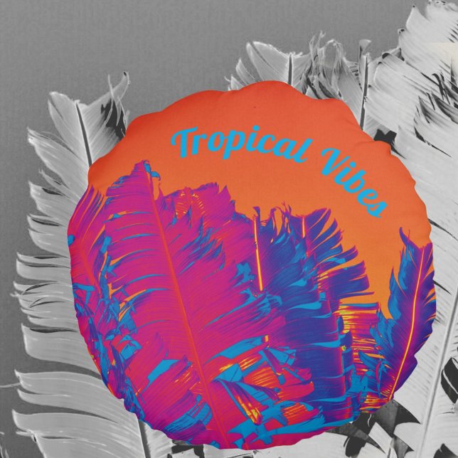 Coussins Ronds Vibes tropicales psychédéliques Palm Trees Hot ros (Créateur téléchargé)