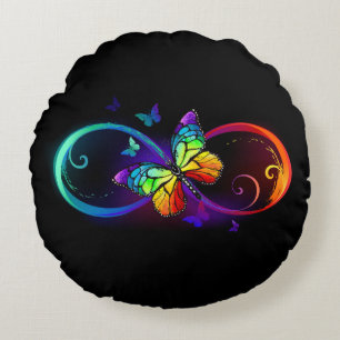 Coussins Ronds Vibrant infinity with rainbow butterfly on black
