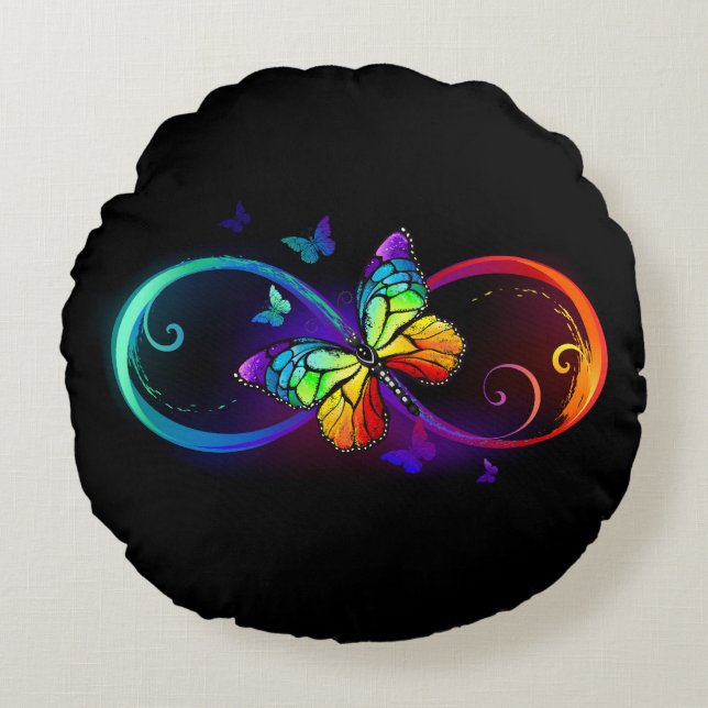 Coussins Ronds Vibrant infinity with rainbow butterfly on black (Devant)