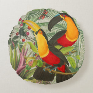 Coussins Ronds Vibrant Tropical Toucan Birds Art Exotic Jungle