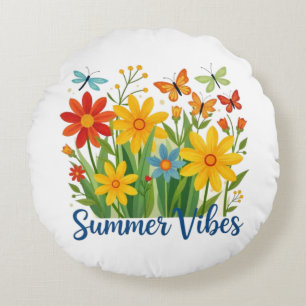 Coussins Ronds Vibrations d'été Floral avec Papillons