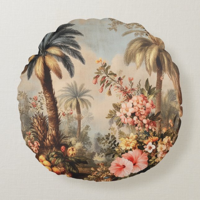 Coussins Ronds Vintage Botanical Scene with Palms (Devant)