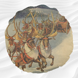 Coussins Ronds Vintage Noël Père Noël Sleigh avec Reindeer