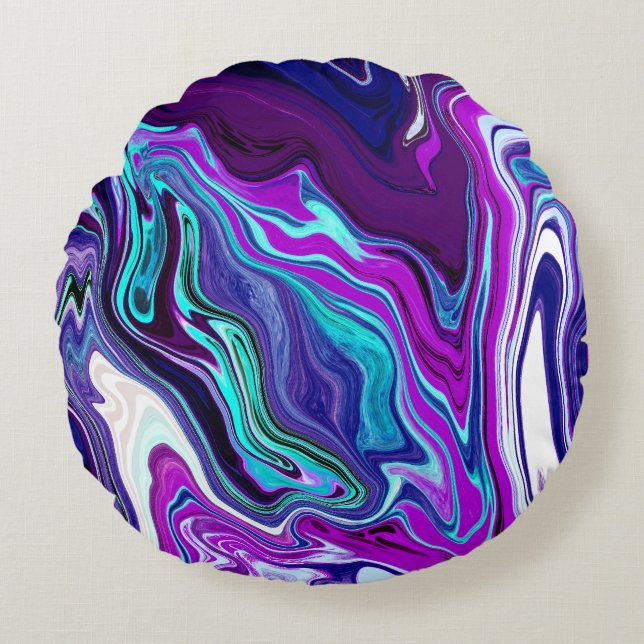 Coussins Ronds Violet, Bleu et Turquoise Abstrait Fluid Art (Devant)