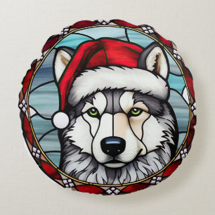 Coussins Ronds Vitrail de Noël Chien de Traîneau Sibérien