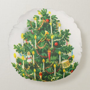 Coussins Ronds Vœux de Noël, carte vintage, Sapin de Noël