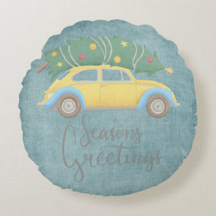 Coussins Ronds Voiture de vacances et arbre Joyeuses Fêtes