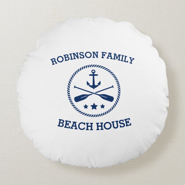 Coussins Ronds Votre Beach House Nom de famille Ancre Oars Stars (Devant)