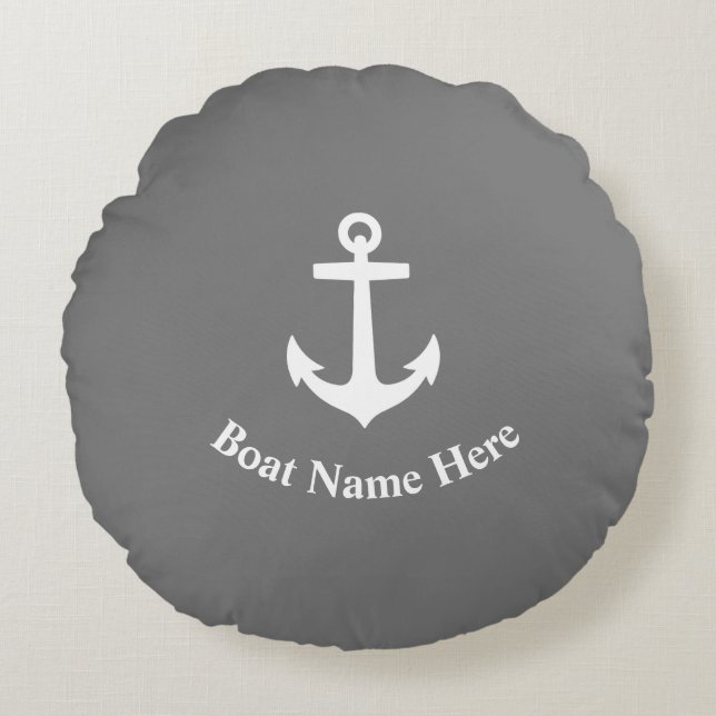 Coussins Ronds Votre Nom De Bateau Avec Ancre Classique En Gris (Devant)
