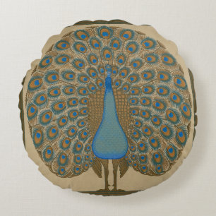 Coussins Ronds Walter Crane Blue Peacock avec sa queue écartée