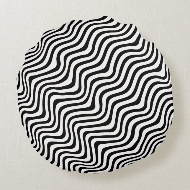 Coussins Ronds wavy black stripes op art printed (Dos)