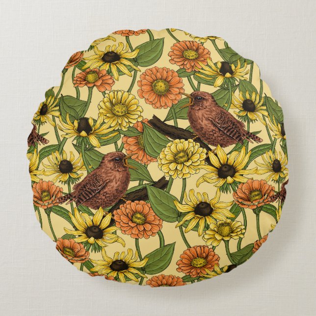 Coussins Ronds Wens et fleurs sur jaune pâle (Devant)